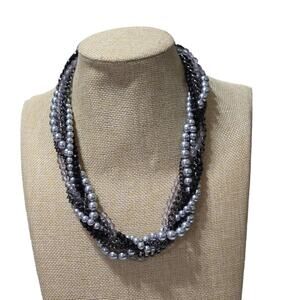 Premier Designs Gray Metallic Multi Chain Faux Pearl Black Bead‎ Twist Necklace